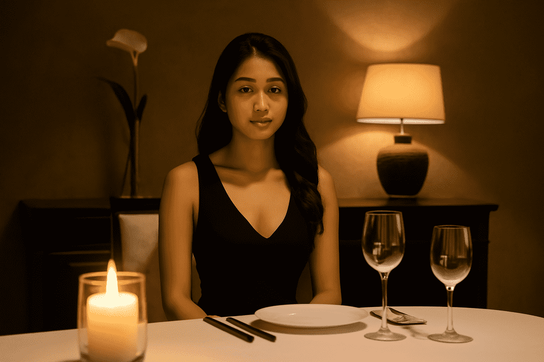 Woman in black dress at a table set for two, lit by candlelight.