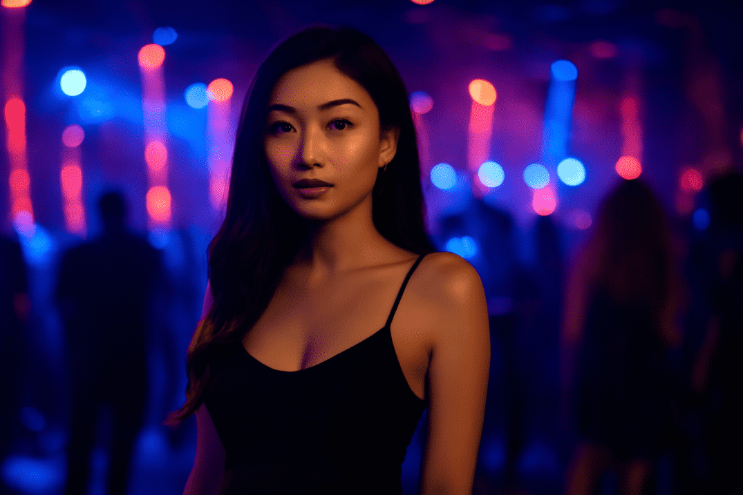 Attractive young woman in a black dress at a nightclub.